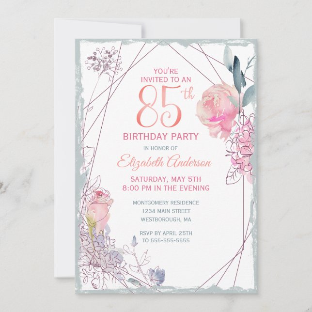 85th Birthday Floral Blush Rose Watercolor Party Invitation (Front)