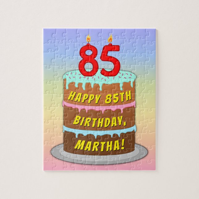 85th Birthday: Fun Cake and Candles + Custom Name Jigsaw Puzzle (Vertical)