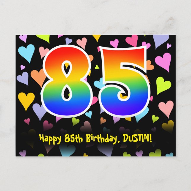 85th Birthday: Fun Hearts Pattern, Rainbow 85 Postcard (Front)