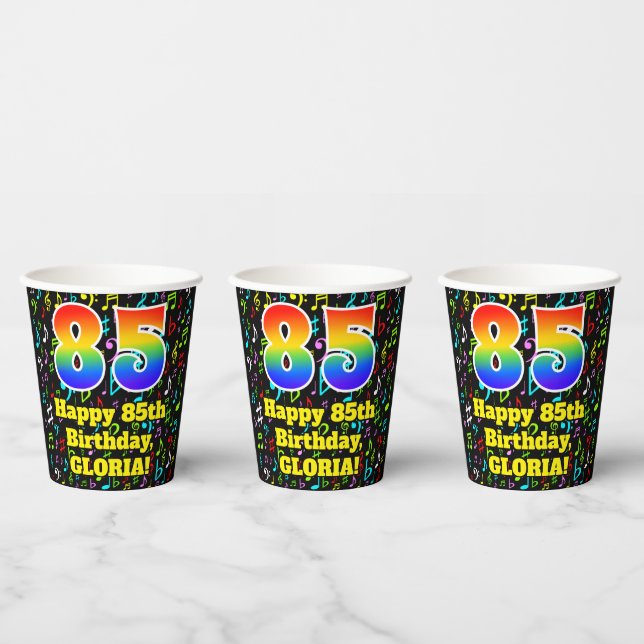 85th Birthday: Fun Music Notes Pattern, Rainbow 85 Paper Cups (Multi)