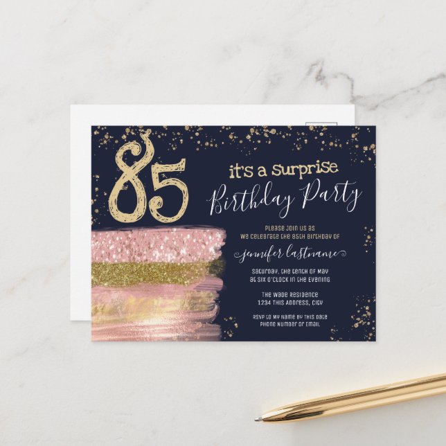 85th Birthday Glitter Cake Surprise Party Postcard (Front/Back In Situ)