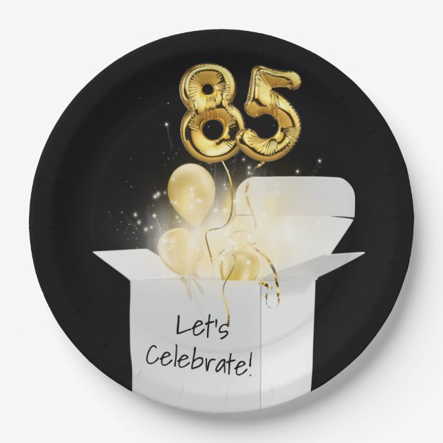 85th Birthday Gold Balloons In White Box      Paper Plate (Front)