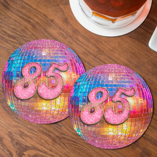 85th Birthday Gold Pink Glitter Dancing Disco Ball Round Paper Coaster