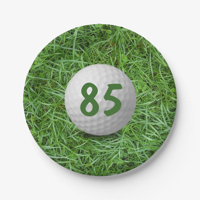 85th Birthday Golf Ball on Grass Paper Plate (Front)