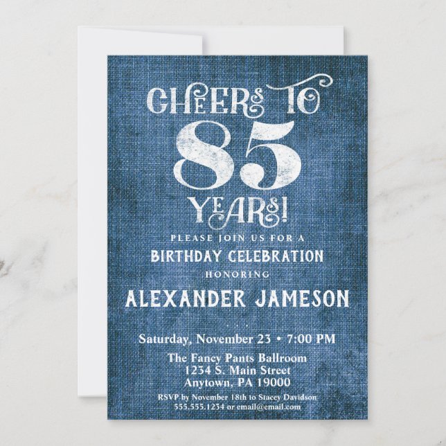 85th Birthday Invitation Blue Linen Rustic Cheers (Front)