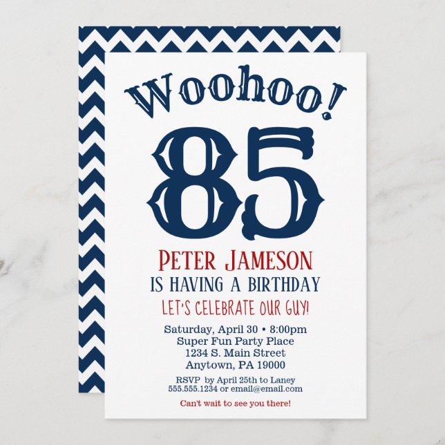 85th Birthday Invitation Mens Navy Blue (Front/Back)