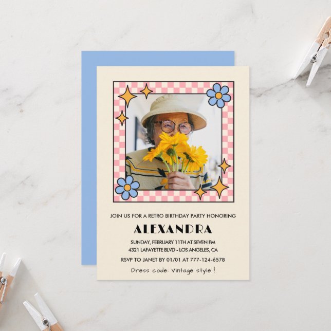 85th birthday invitation Retro Groovy Blue Floral (Front/Back In Situ)