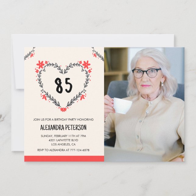 85th birthday invitations for her Floral Heart (Front)