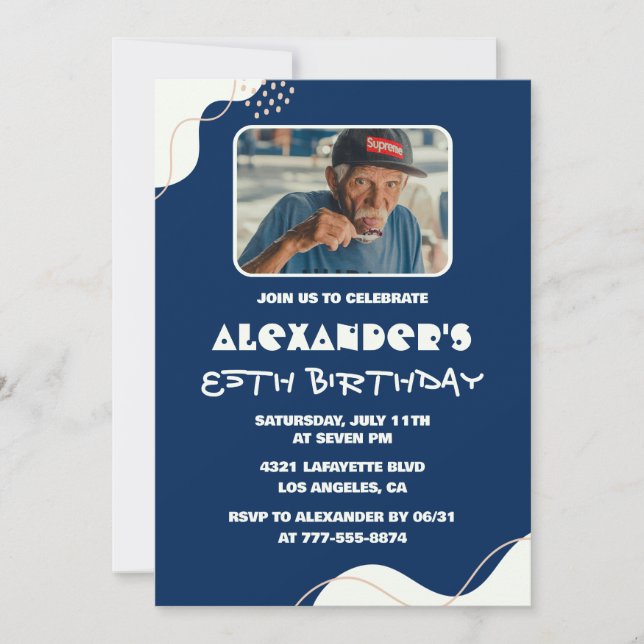 85th birthday invitations Men Photo Simple Navy  (Front)
