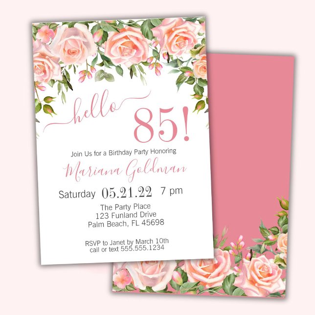 85th Birthday Invitations Pink Floral Modern Party (Creator Uploaded)
