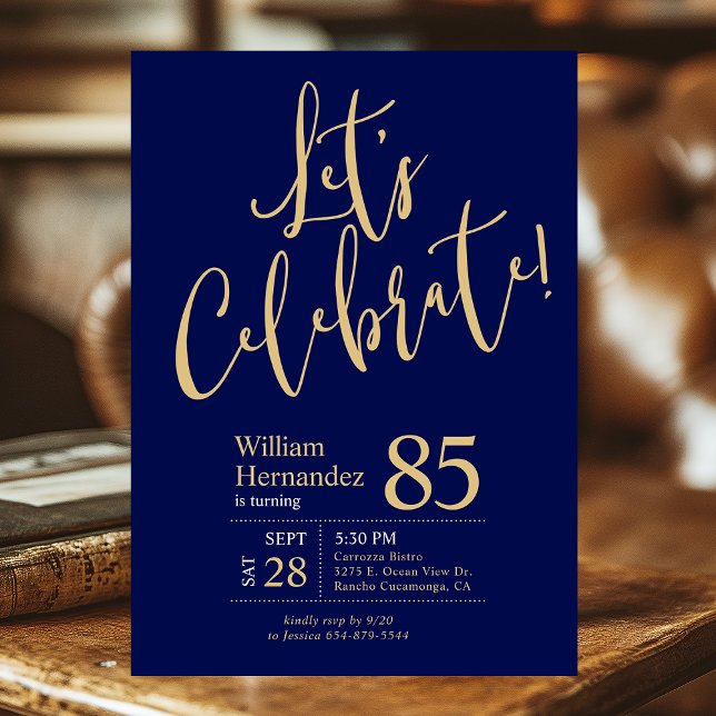 85th Birthday Let's Celebrate Navy Blue Gold Photo Invitation (Creator Uploaded)