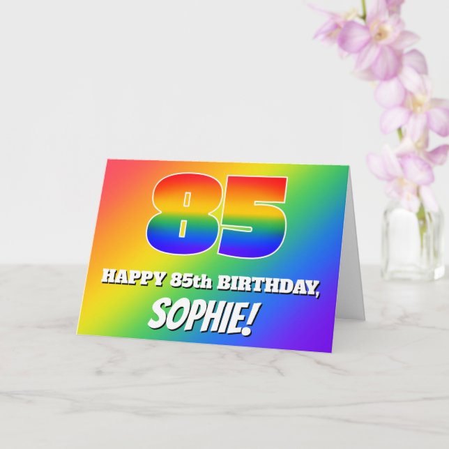 85th Birthday: Multicolored Rainbow Pattern # 85 Card (Orchid)