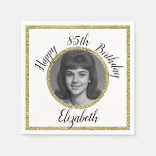 85th Birthday Napkins Custom Photo White and Gold 