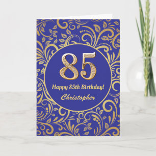 85th Birthday Navy Blue and Gold Floral Pattern Card