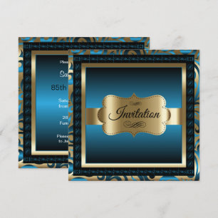 85th Birthday Party Blue Metallic & Gold Invitation