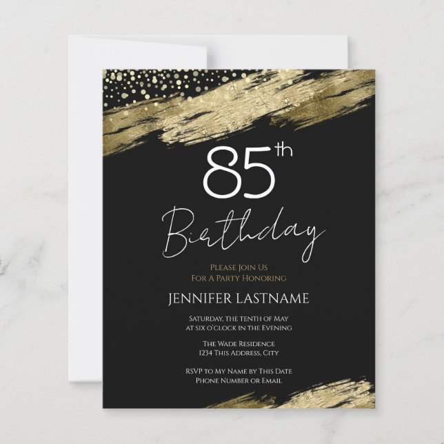 85th Birthday Party Budget Gold Black Invitation (Front)