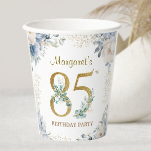 85th Birthday Party Dusty Blue Peony Gold Paper Cups