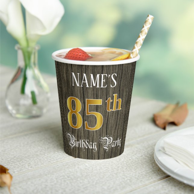 85th Birthday Party — Faux Gold & Faux Wood Looks Paper Cups (Insitu)