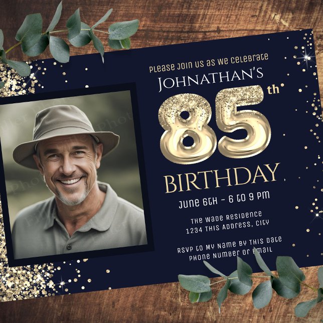85th Birthday Party Gold Glitter Blue Photo Invitation (Creator Uploaded)