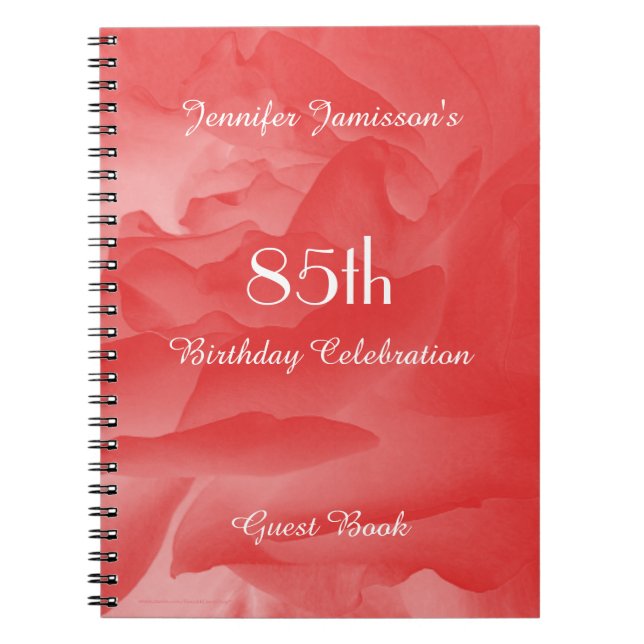 85th Birthday Party Guest Book, Coral Rose Spiral Notebook (Front)