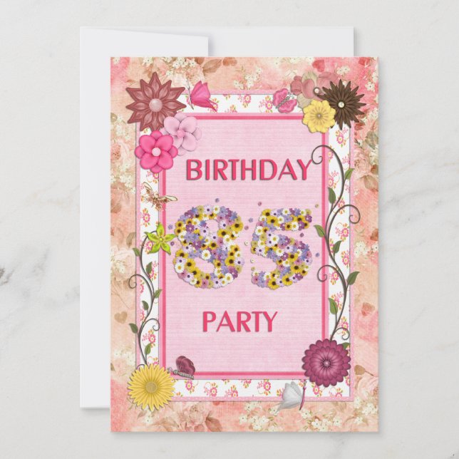 85th birthday party invitation with floral frame (Front)