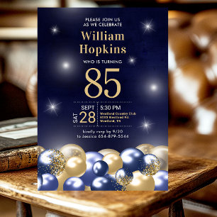 85th Birthday Party Navy Blue Gold Balloons Invitation