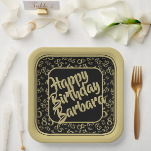 85th Birthday Party Number Pattern Black Gold Paper Plate