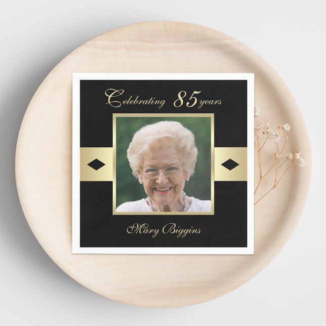 85th Birthday Party Photo on Black Paper Napkin (Creator Uploaded)