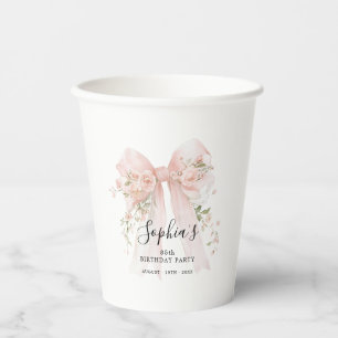 85th Birthday Party Pink Bow with Roses Custom Paper Cups