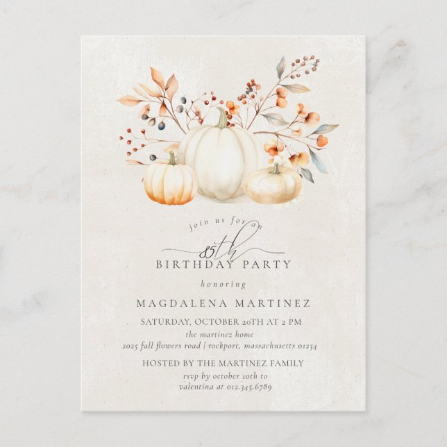 85th Birthday Party White Pumpkin Fall Leaves Invitation Postcard (Front)