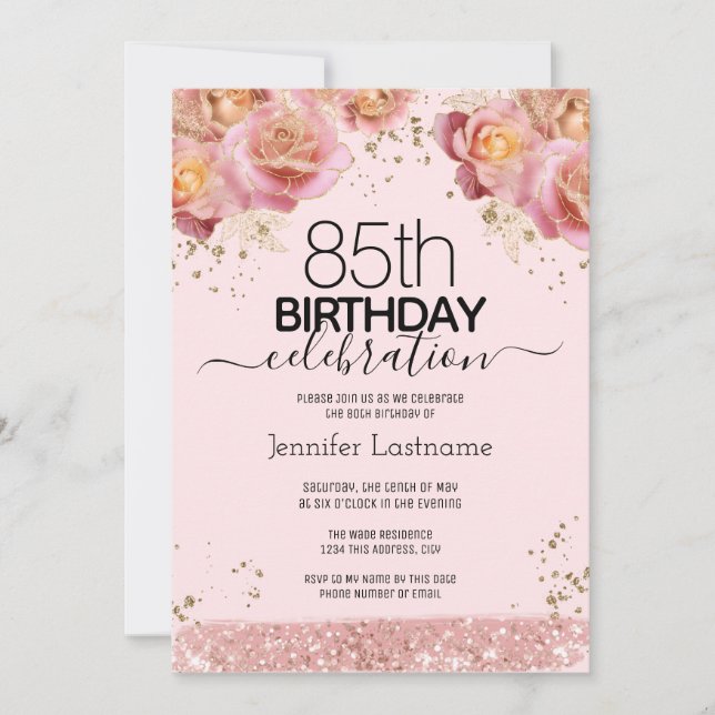 85th Birthday Pink Glitter Floral Invitations (Front)