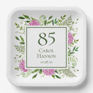 85th Birthday Pink Hydrangeas Paper Plate