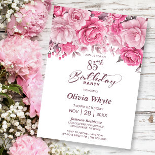 85th Birthday Pink Rose Floral Party Invitation