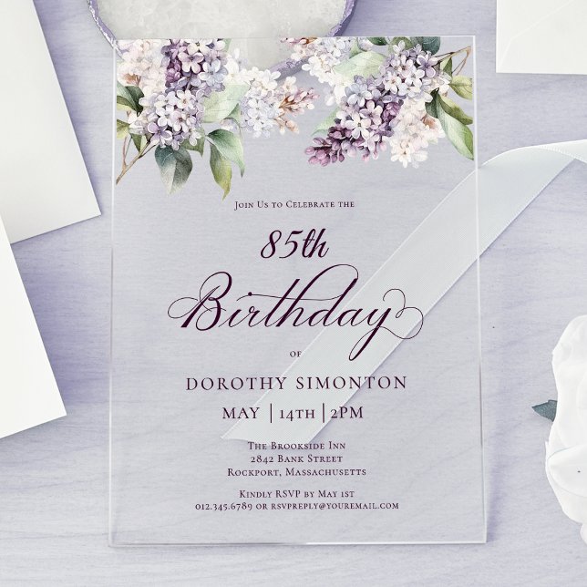 85th Birthday Purple Spring Lilac Flower Acrylic Invitations (Creator Uploaded)