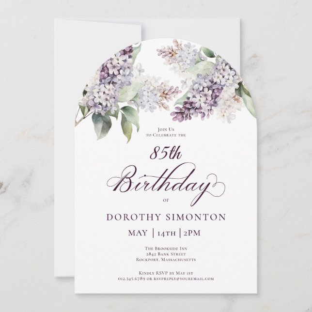 85th Birthday Purple Spring Lilac Flower Arch Invitation (Front)