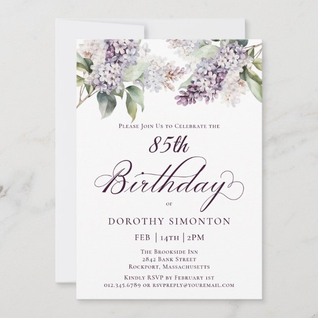85th Birthday Purple Spring Lilac Flower Invitation (Front)