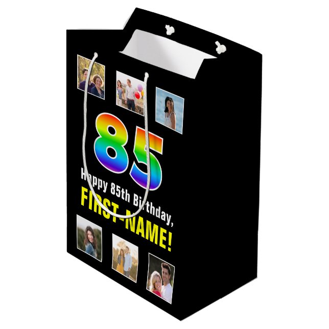 85th Birthday: Rainbow “85“, Custom Photos & Name Medium Gift Bag (Back Angled)