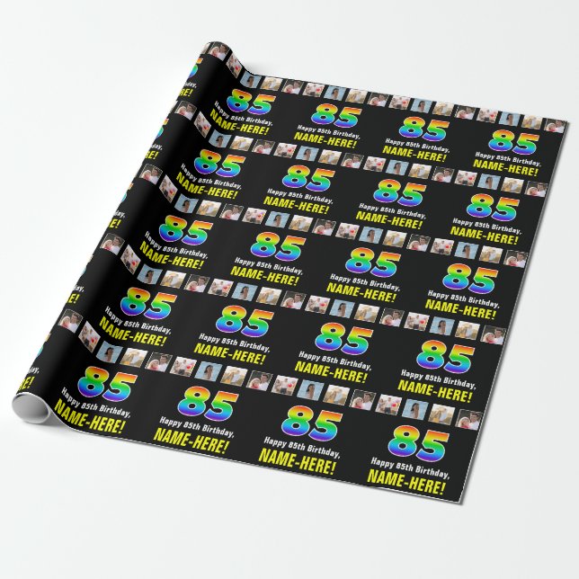 85th Birthday: Rainbow “85“; Custom Photos & Name Wrapping Paper (Unrolled)