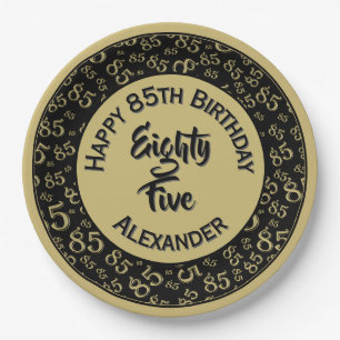 85th Birthday Random Number Pattern Gold/Black Paper Plate