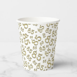 85th Birthday Random Number Pattern Gold/White Paper Cups