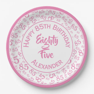 85th Birthday Random Number Pattern Pink/White Paper Plate