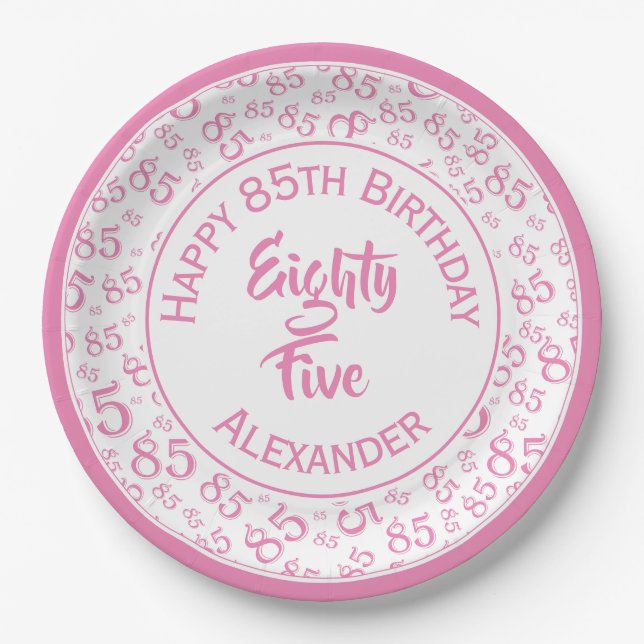 85th Birthday Random Number Pattern Pink/White Paper Plate (Front)