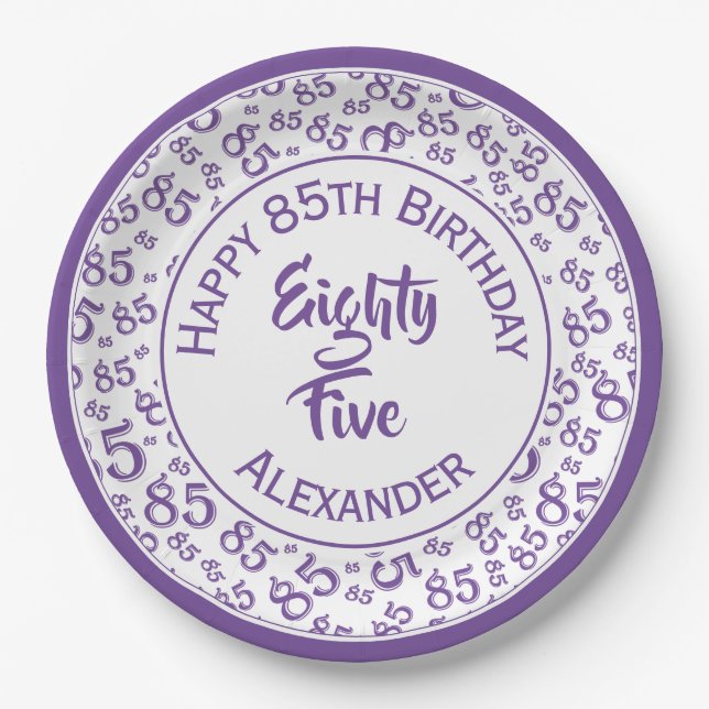 85th Birthday Random Number Pattern Purple/White Paper Plate (Front)