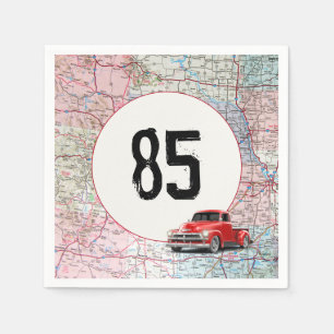 85th Birthday Red Retro Truck on Road Map Napkin