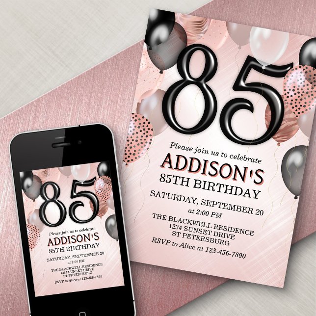 85th Birthday Rose Gold Balloons Invitation (Creator Uploaded)