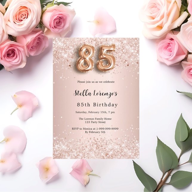 85th birthday rose gold pink confetti invitation (Creator Uploaded)