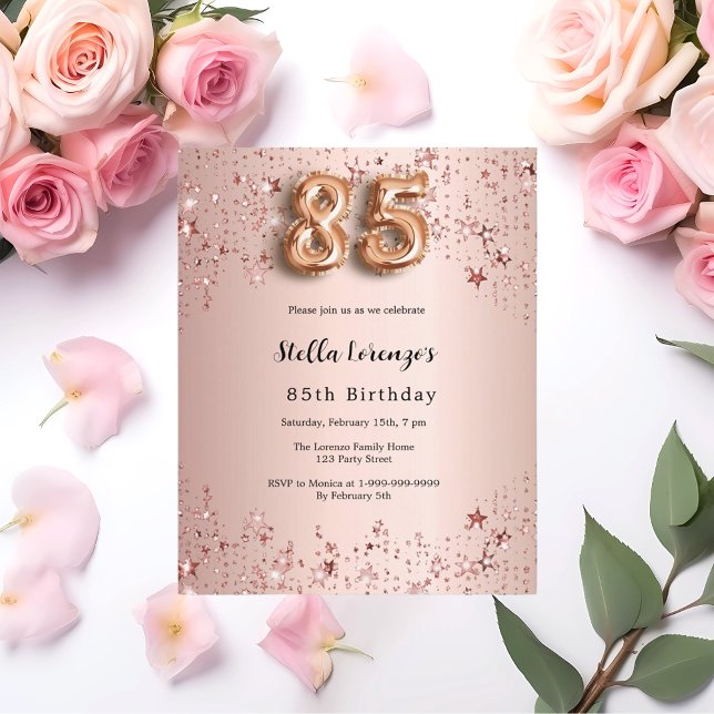 85th birthday rose gold pink stars invitation (Creator Uploaded)