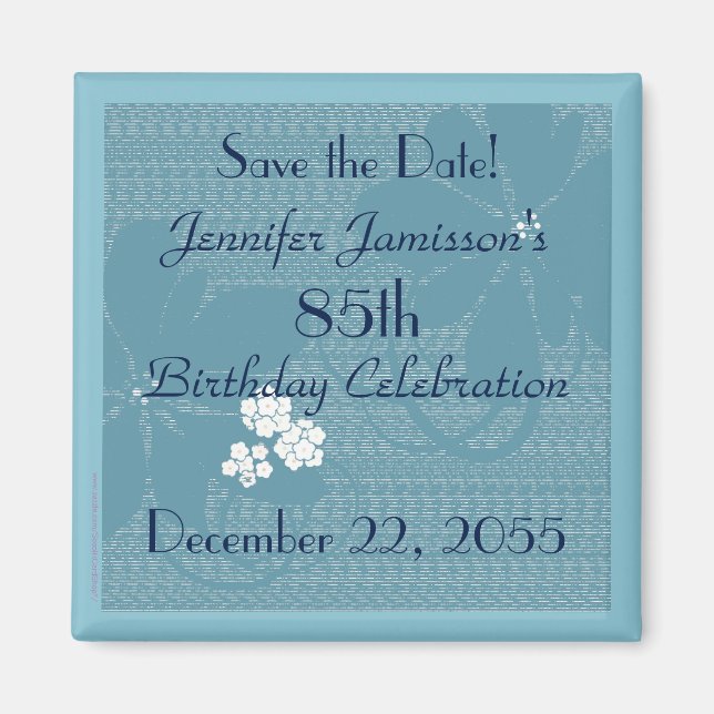 85th Birthday Save the Date Blue Floral Magnet (Front)