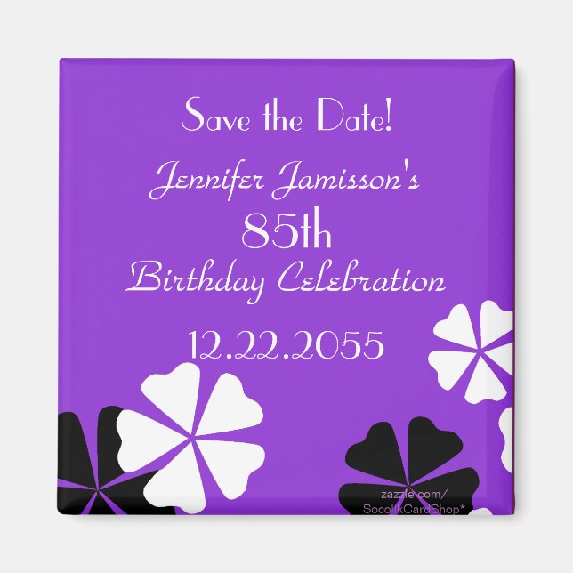 85th Birthday Save the Date Purple Floral Magnet (Front)