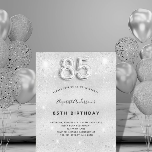 85th birthday silver glitter budget invitation flyer (Creator Uploaded)